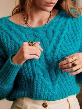 EUC Sezane Jules Cable Knit Mohair Wool Sweater Turquoise Blue Small